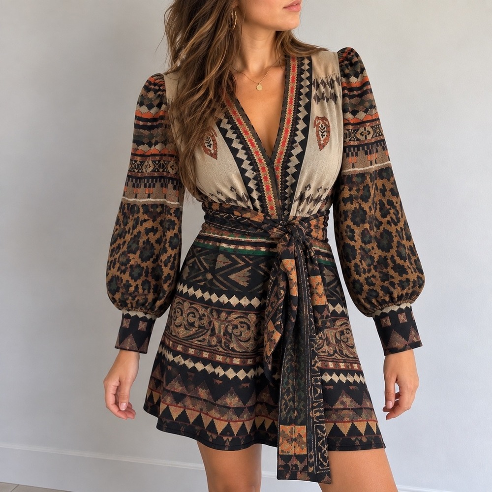 Etro Brown Patchwork Silk Wool Long Sleeve Wrap Dress Size 46 US 10 Boho